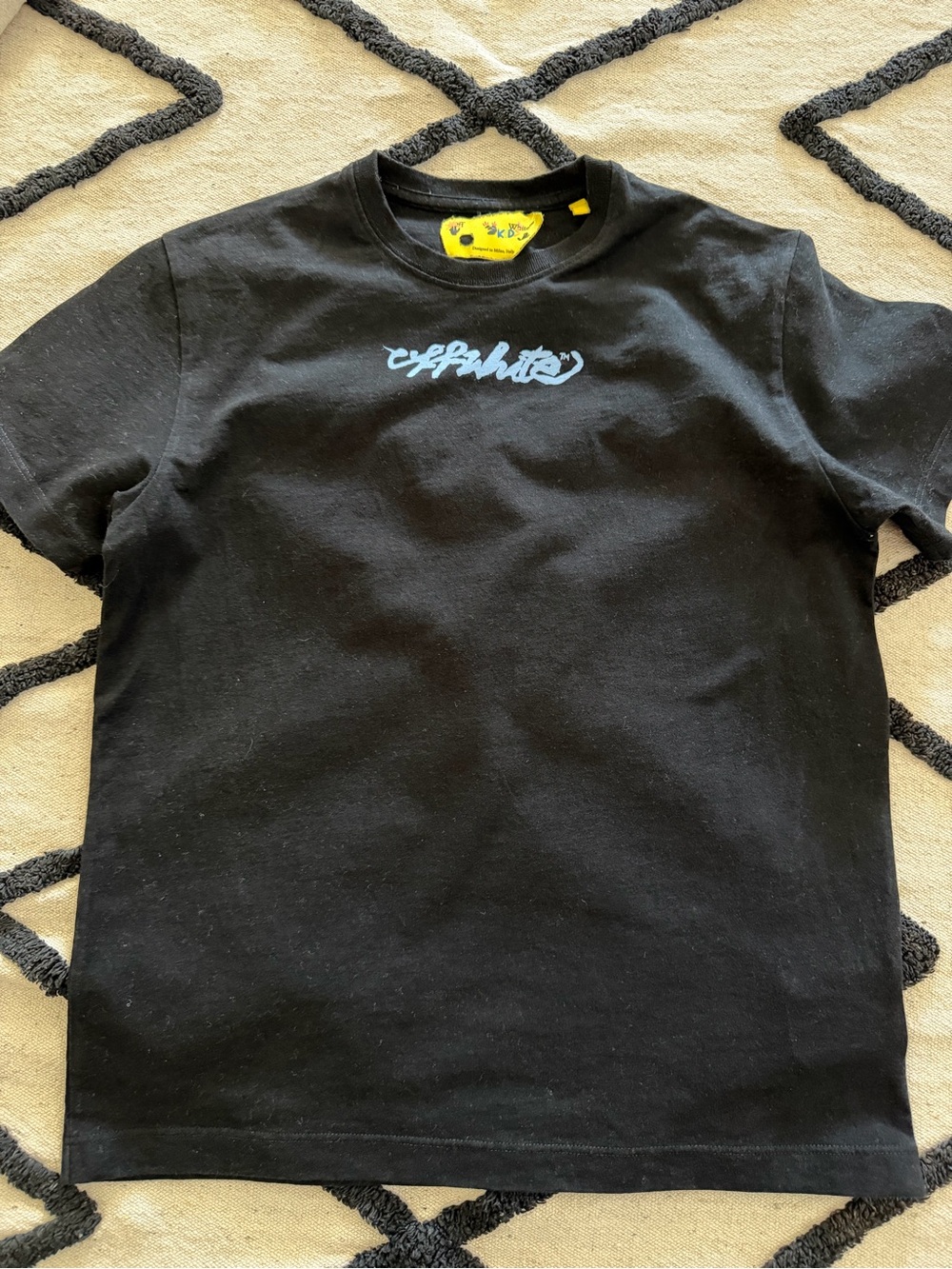 Off-White Black Short-Sleeve Tee with Light Blue Script